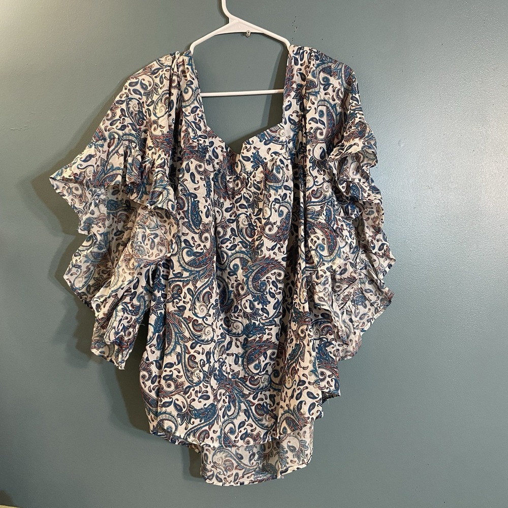 Terra & Sky Paisley Ruffle Sleeve Top Womens 4x White Blue Cotton Boho Hippie - Picture 3 of 7